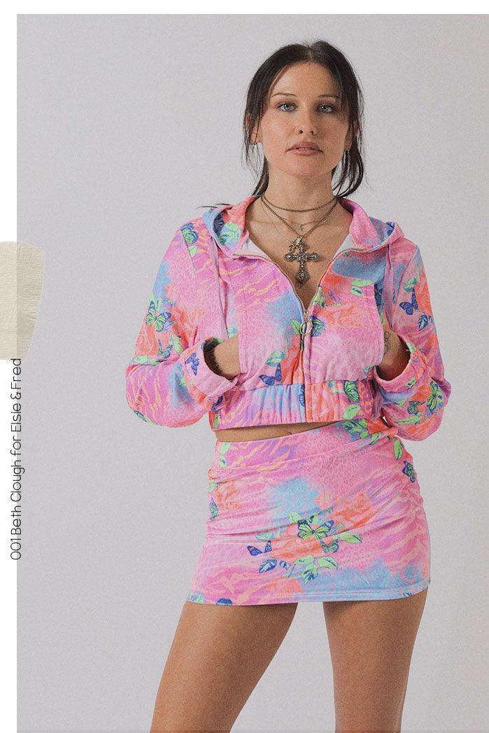 Velour Cropped Zip Front Hoodie in Animal Print - Elsie & Fred